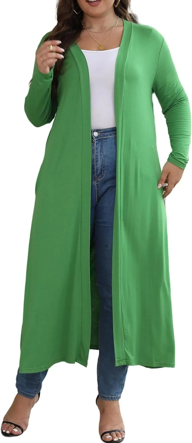 Women Plus Size Floor Length Open Front Drape Cardigan Lightweight Long Sleeve Maxi Duster with Pockets 1X-5X