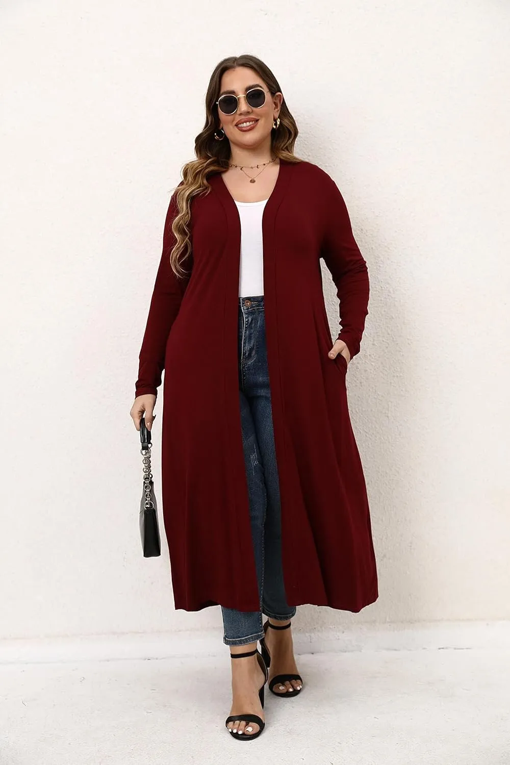 Women Plus Size Floor Length Open Front Drape Cardigan Lightweight Long Sleeve Maxi Duster with Pockets 1X-5X