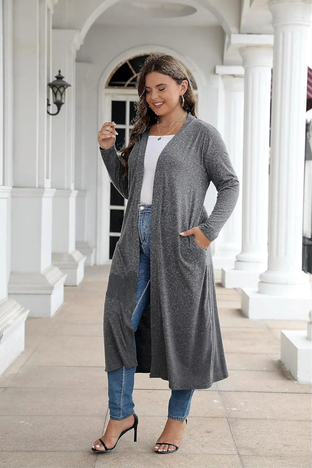 Women Plus Size Floor Length Open Front Drape Cardigan Lightweight Long Sleeve Maxi Duster with Pockets 1X-5X