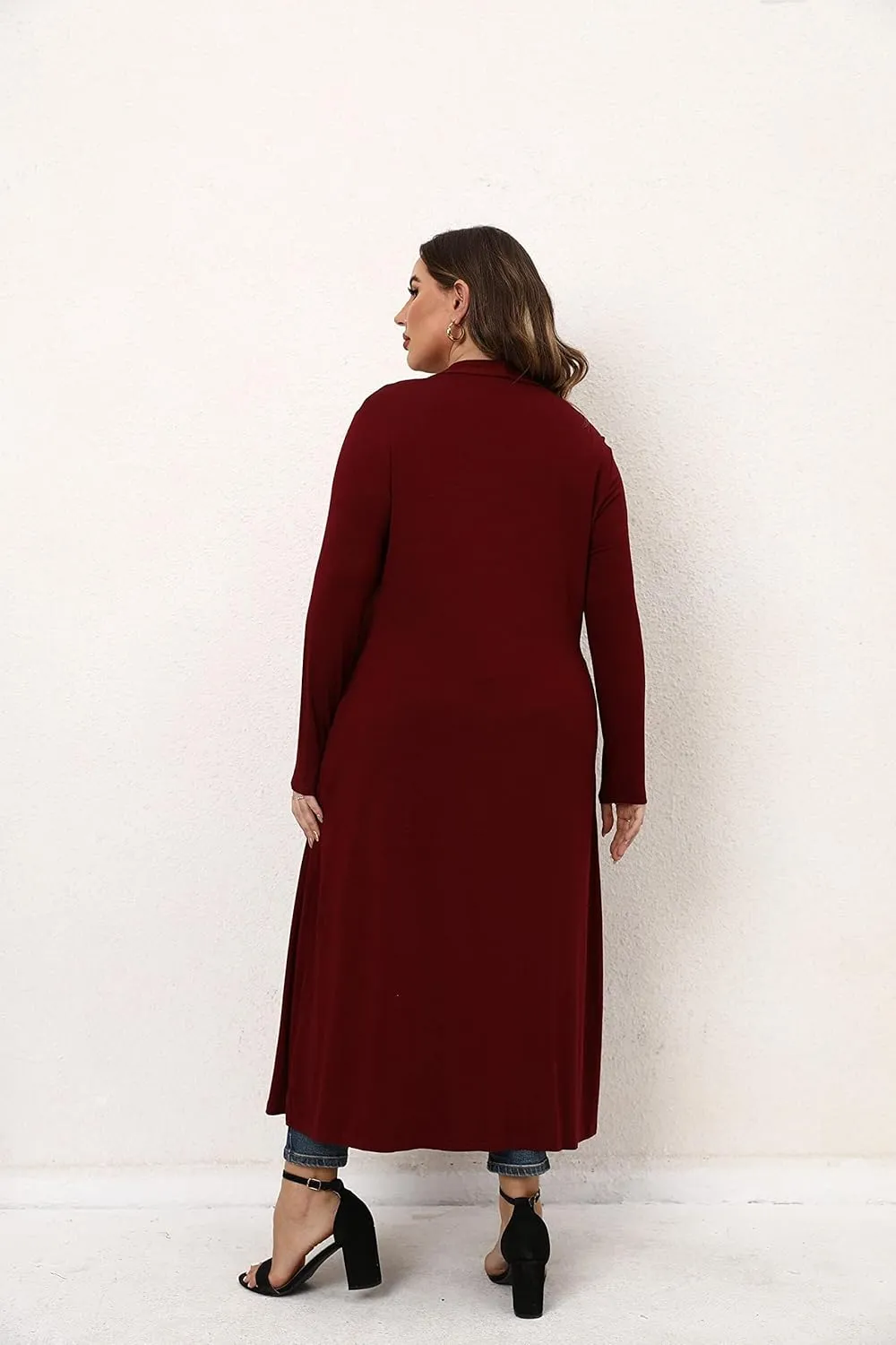 Women Plus Size Floor Length Open Front Drape Cardigan Lightweight Long Sleeve Maxi Duster with Pockets 1X-5X