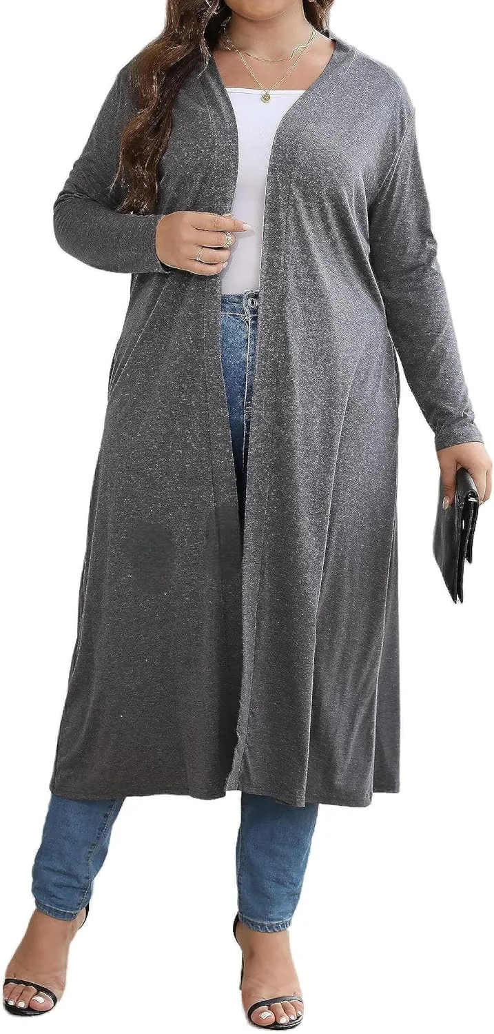 Women Plus Size Floor Length Open Front Drape Cardigan Lightweight Long Sleeve Maxi Duster with Pockets 1X-5X