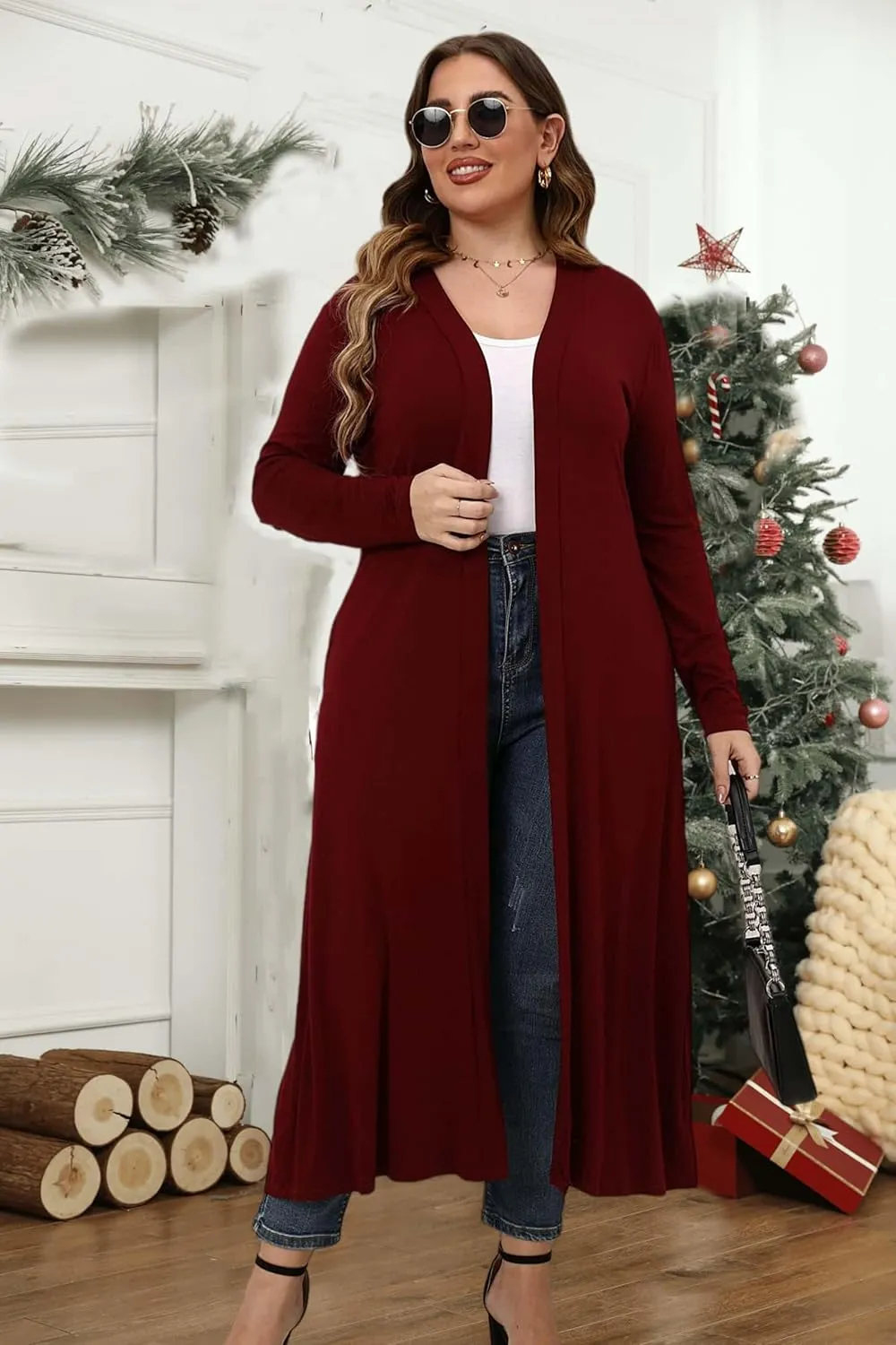 Women Plus Size Floor Length Open Front Drape Cardigan Lightweight Long Sleeve Maxi Duster with Pockets 1X-5X