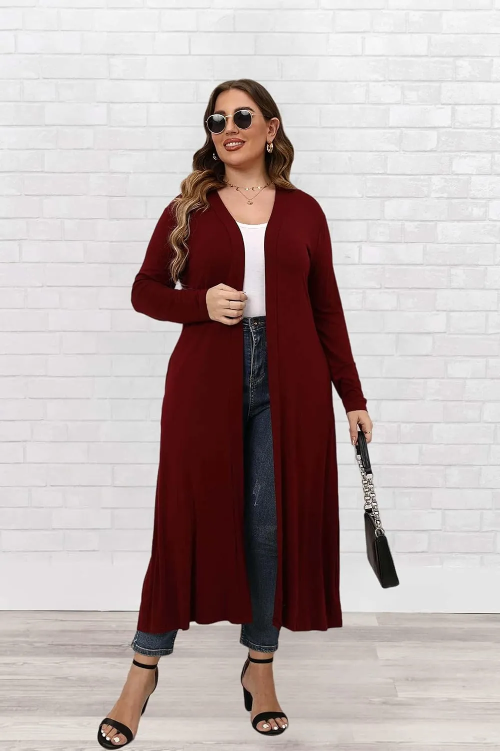 Women Plus Size Floor Length Open Front Drape Cardigan Lightweight Long Sleeve Maxi Duster with Pockets 1X-5X