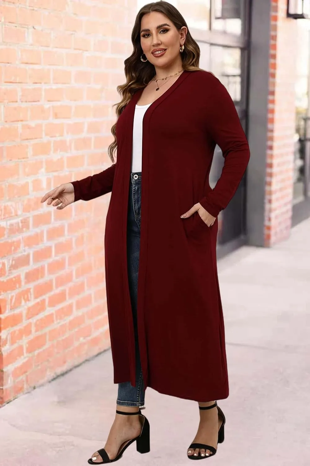 Women Plus Size Floor Length Open Front Drape Cardigan Lightweight Long Sleeve Maxi Duster with Pockets 1X-5X