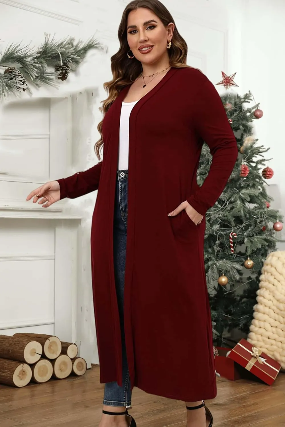 Women Plus Size Floor Length Open Front Drape Cardigan Lightweight Long Sleeve Maxi Duster with Pockets 1X-5X