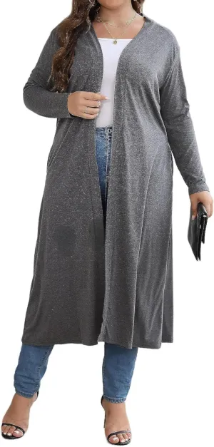 Women Plus Size Floor Length Open Front Drape Cardigan Lightweight Long Sleeve Maxi Duster with Pockets 1X-5X