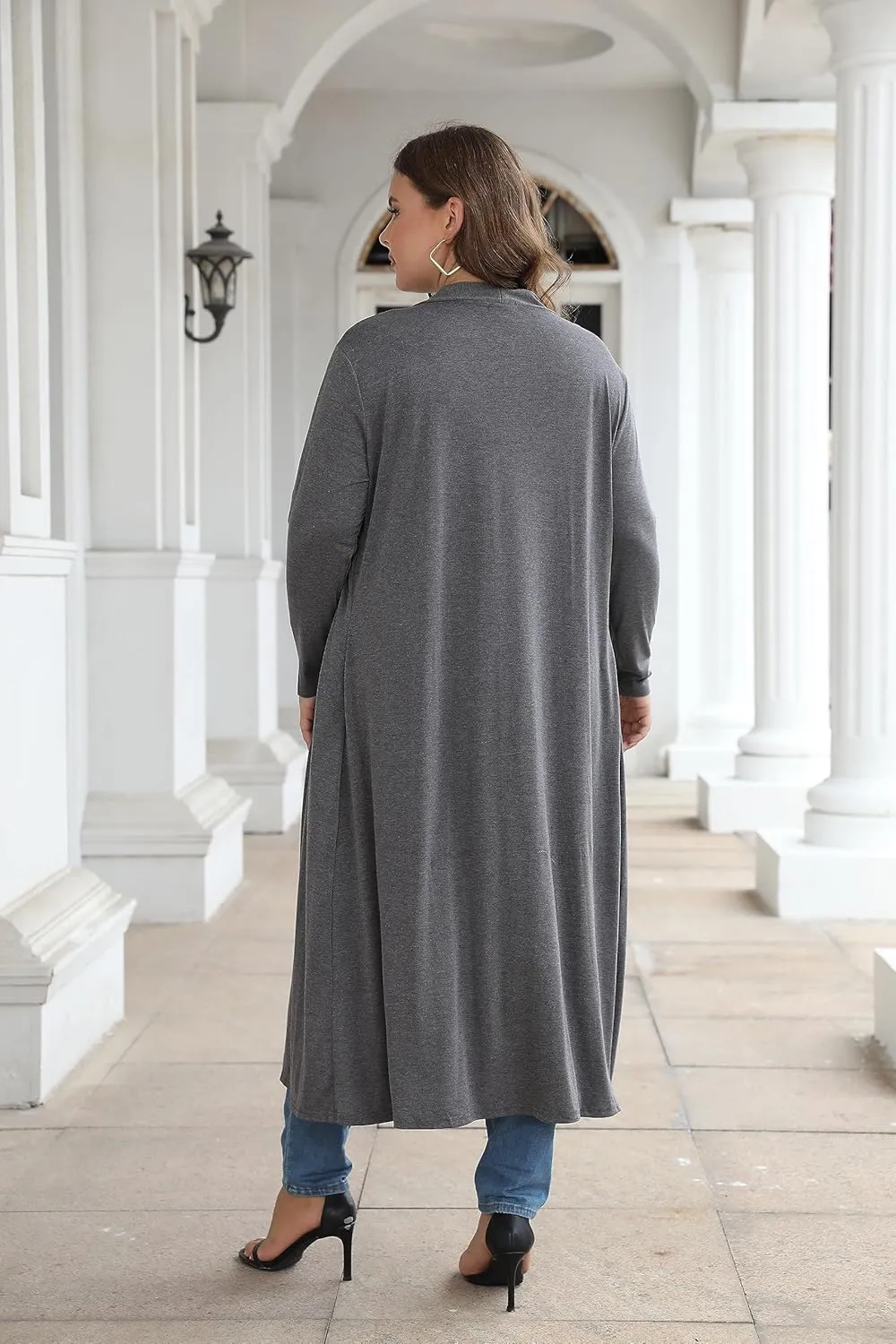 Women Plus Size Floor Length Open Front Drape Cardigan Lightweight Long Sleeve Maxi Duster with Pockets 1X-5X