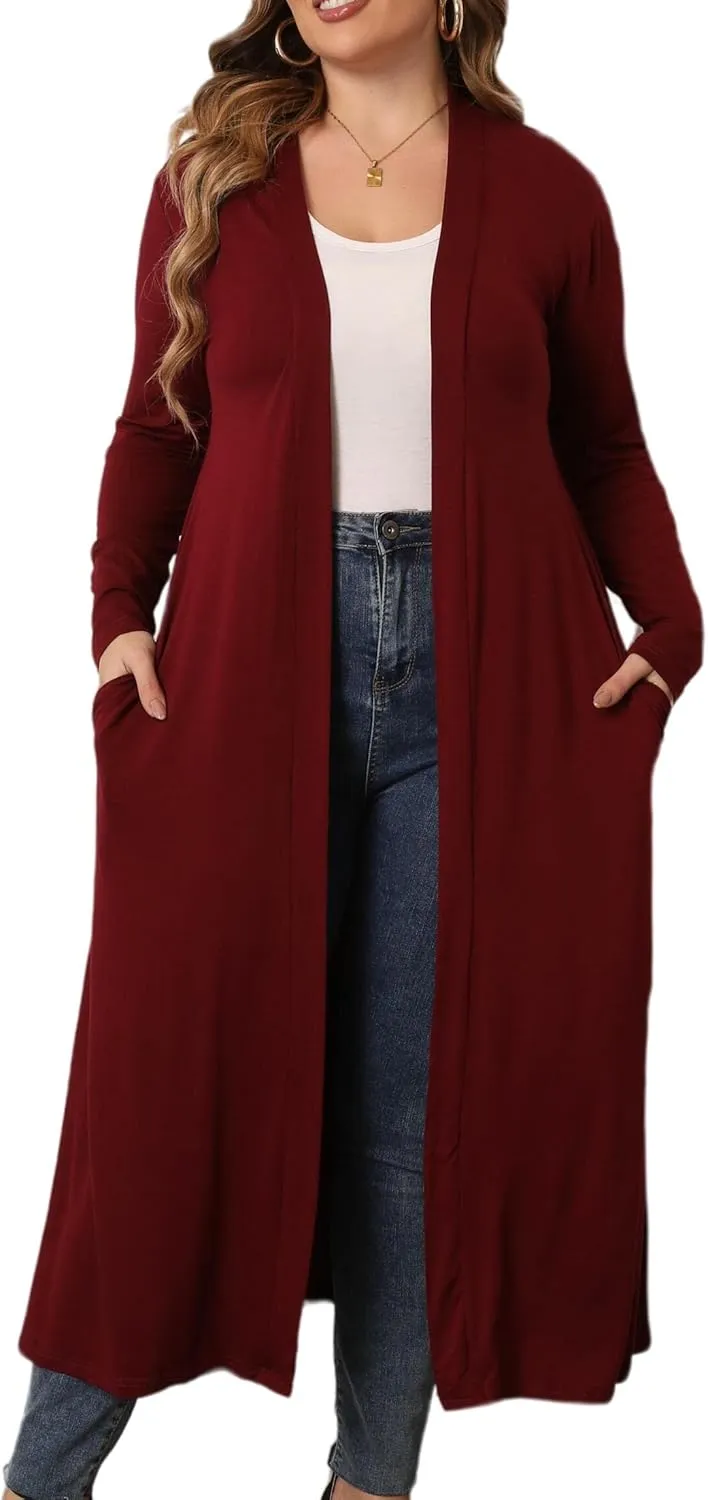 Women Plus Size Floor Length Open Front Drape Cardigan Lightweight Long Sleeve Maxi Duster with Pockets 1X-5X