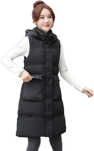 Women Puffer Vest Loose Hooded Sleeveless Mid Long Vest Jackets Cotton Padded Coats Waistcoat Tops