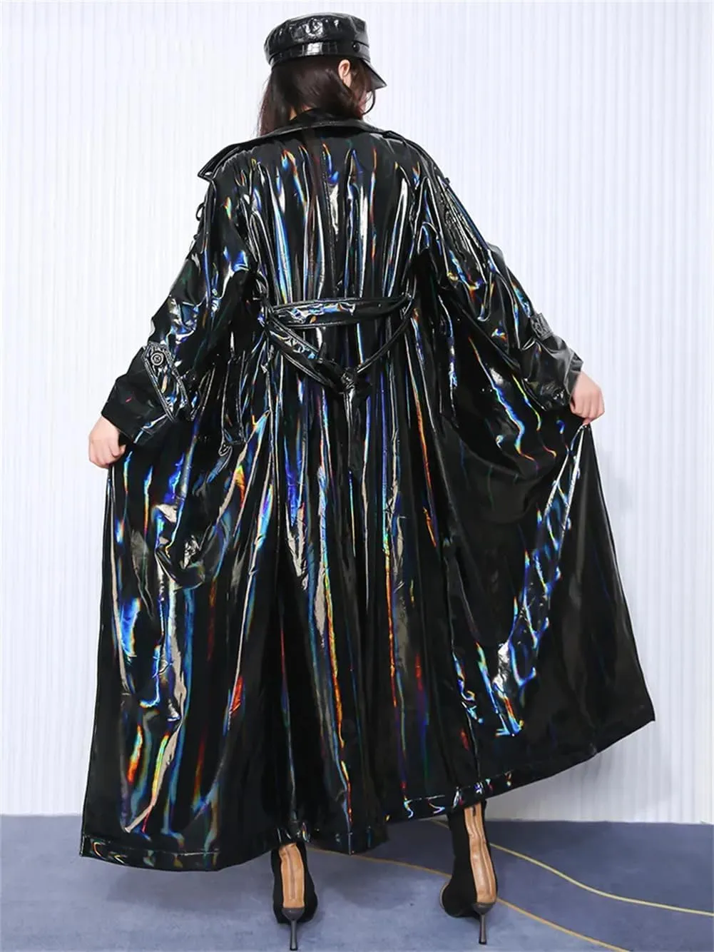 Women PVC Leather Longer Overcoat Black Holographic Shiny Reflective Leather Extra Long Trenchcoat