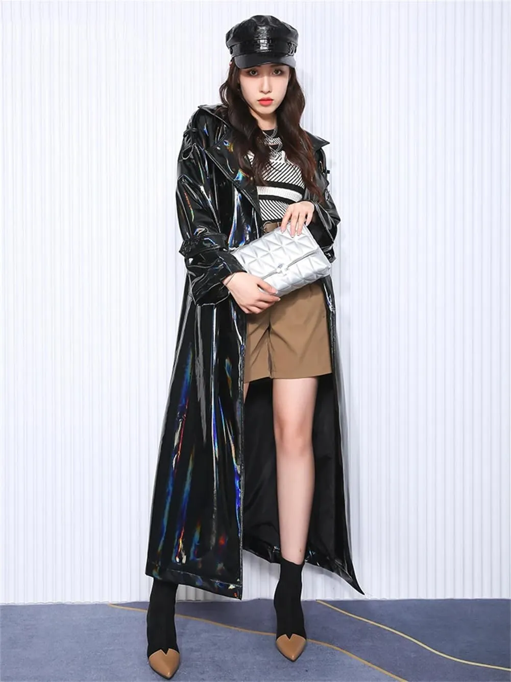 Women PVC Leather Longer Overcoat Black Holographic Shiny Reflective Leather Extra Long Trenchcoat