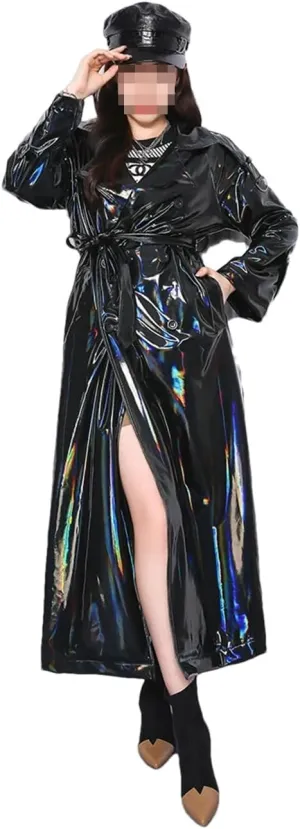 Women PVC Leather Longer Overcoat Black Holographic Shiny Reflective Leather Extra Long Trenchcoat