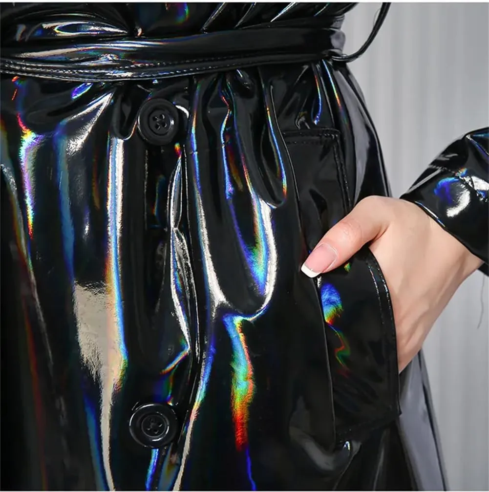 Women PVC Leather Longer Overcoat Black Holographic Shiny Reflective Leather Extra Long Trenchcoat