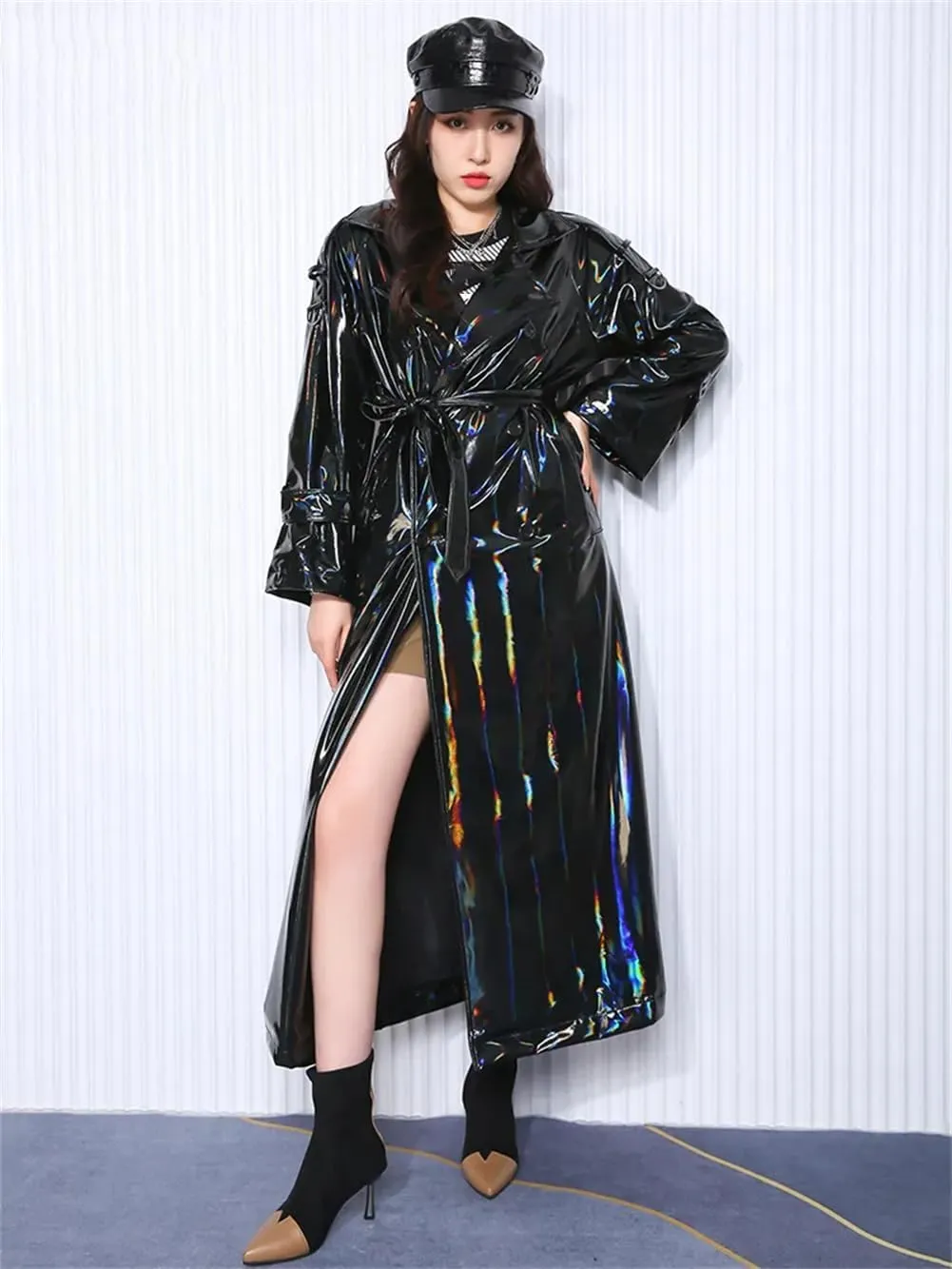 Women PVC Leather Longer Overcoat Black Holographic Shiny Reflective Leather Extra Long Trenchcoat