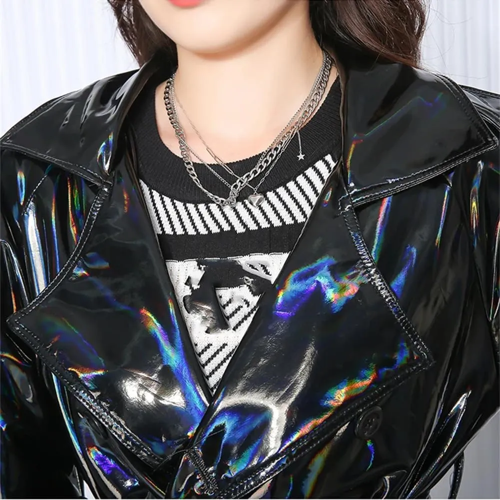 Women PVC Leather Longer Overcoat Black Holographic Shiny Reflective Leather Extra Long Trenchcoat
