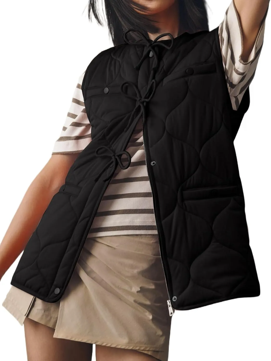 Women Quilted Puffer Vest Winter Bow Button Down Collarless Lightweight Padded Vest Coat Outerwear with Pockets