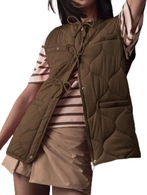 Women Quilted Puffer Vest Winter Bow Button Down Collarless Lightweight Padded Vest Coat Outerwear with Pockets