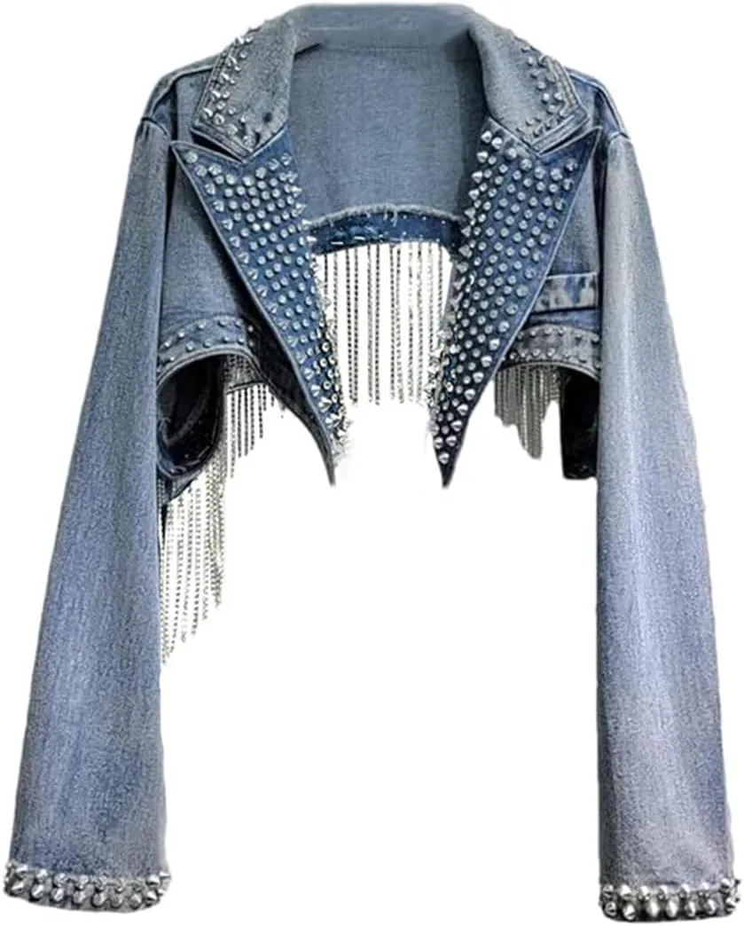 women Rhinestone Beaded Tassels Rivets Denim Jacket Retro High Waisted Crystal Fringed Backless Coat