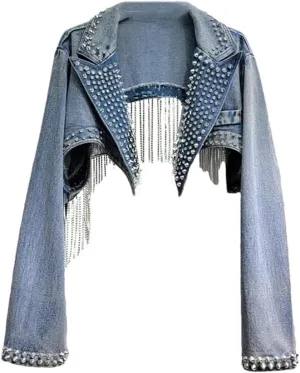 women Rhinestone Beaded Tassels Rivets Denim Jacket Retro High Waisted Crystal Fringed Backless Coat