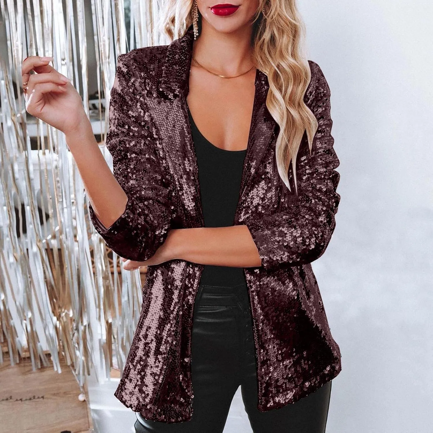 Women Sequins Sequin Casual Long Sleeve Glitter Party Shiny Lapel Coat Rave Outerwear Womens Snow Jackets