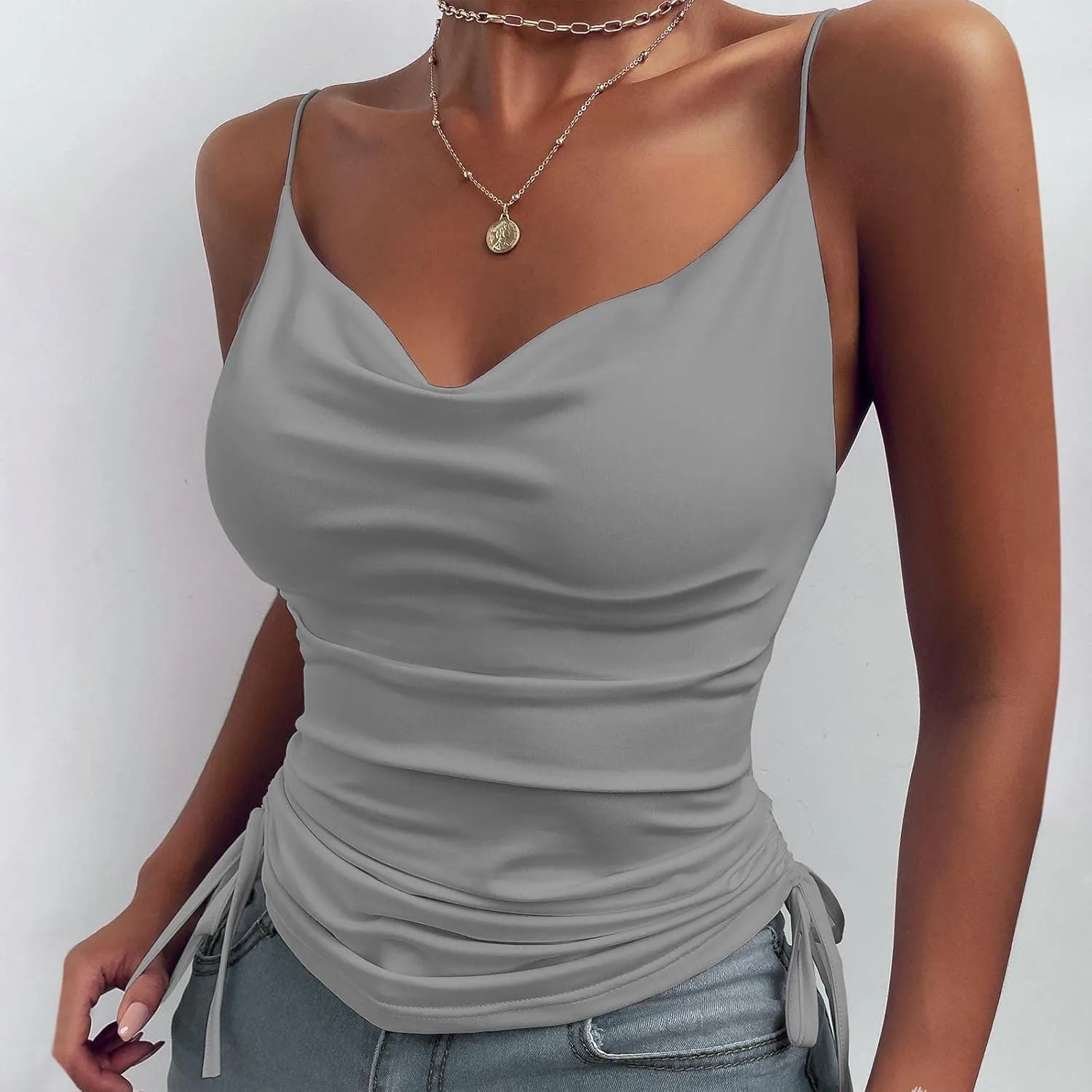Women Spaghetti Strap Sleeveless Camisole Side Drawstring Ruched Tank Top Cowl Neck Cami Top Y2K Going Out Crop Top