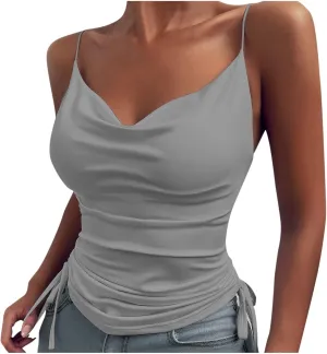 Women Spaghetti Strap Sleeveless Camisole Side Drawstring Ruched Tank Top Cowl Neck Cami Top Y2K Going Out Crop Top