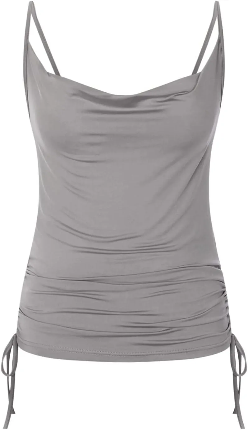 Women Spaghetti Strap Sleeveless Camisole Side Drawstring Ruched Tank Top Cowl Neck Cami Top Y2K Going Out Crop Top