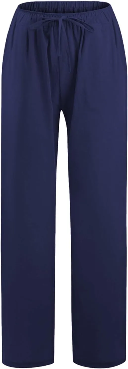 Women Summer Casual Drawstring Waist Cotton Linen Pants Wide Leg Flowy Beach Palazzo Slacks Soft Lightweight Trousers