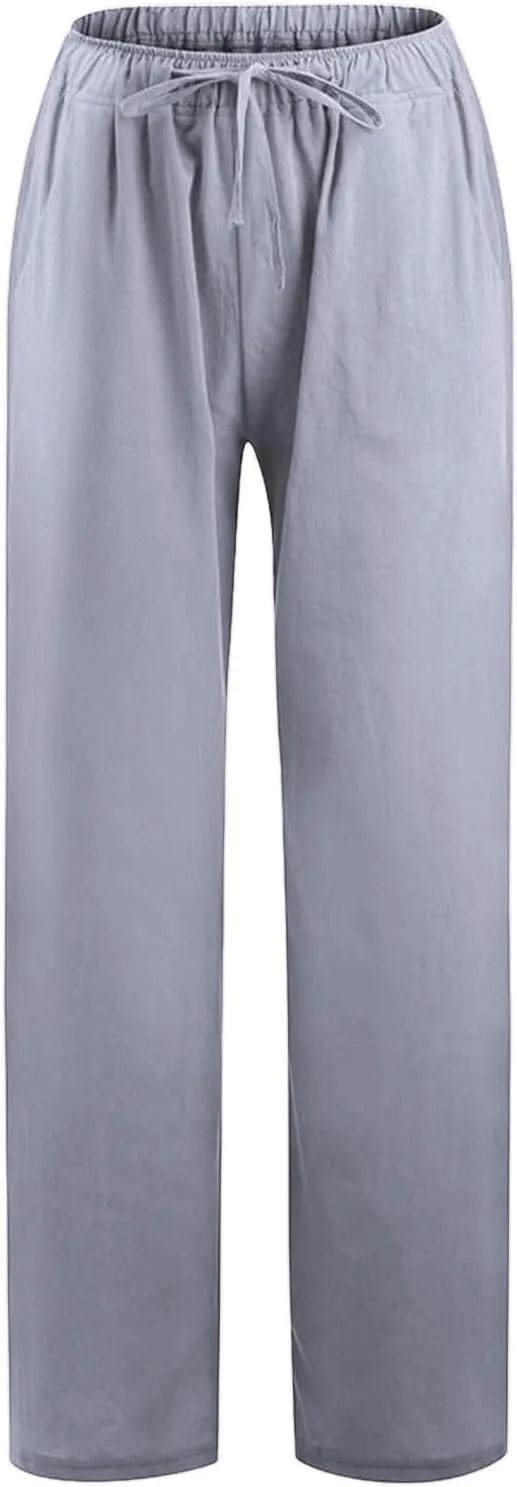 Women Summer Casual Drawstring Waist Cotton Linen Pants Wide Leg Flowy Beach Palazzo Slacks Soft Lightweight Trousers