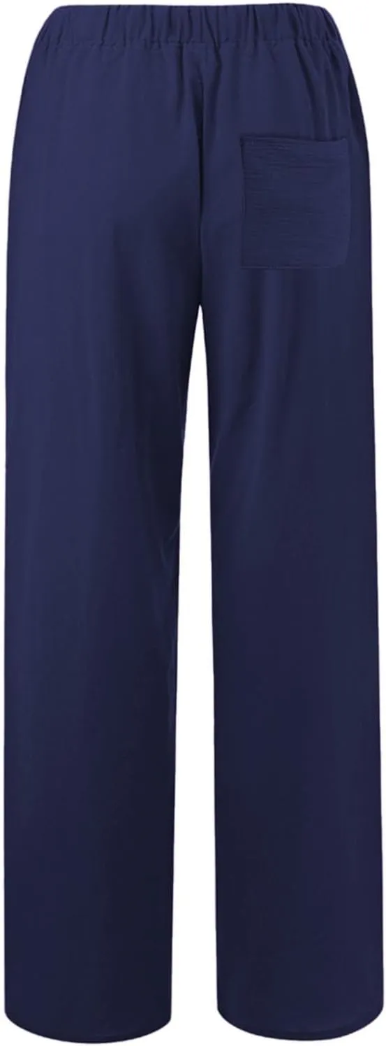 Women Summer Casual Drawstring Waist Cotton Linen Pants Wide Leg Flowy Beach Palazzo Slacks Soft Lightweight Trousers