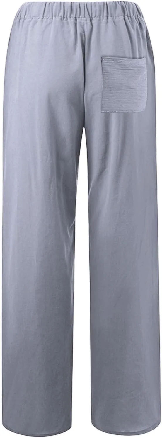 Women Summer Casual Drawstring Waist Cotton Linen Pants Wide Leg Flowy Beach Palazzo Slacks Soft Lightweight Trousers