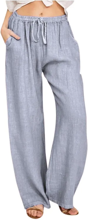 Women Summer Casual Drawstring Waist Cotton Linen Pants Wide Leg Flowy Beach Palazzo Slacks Soft Lightweight Trousers