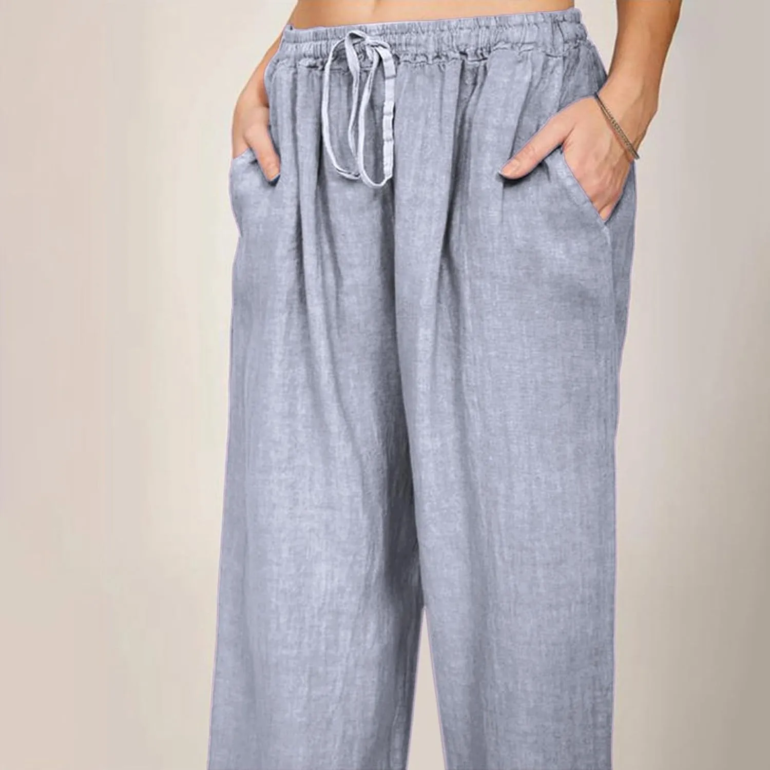 Women Summer Casual Drawstring Waist Cotton Linen Pants Wide Leg Flowy Beach Palazzo Slacks Soft Lightweight Trousers