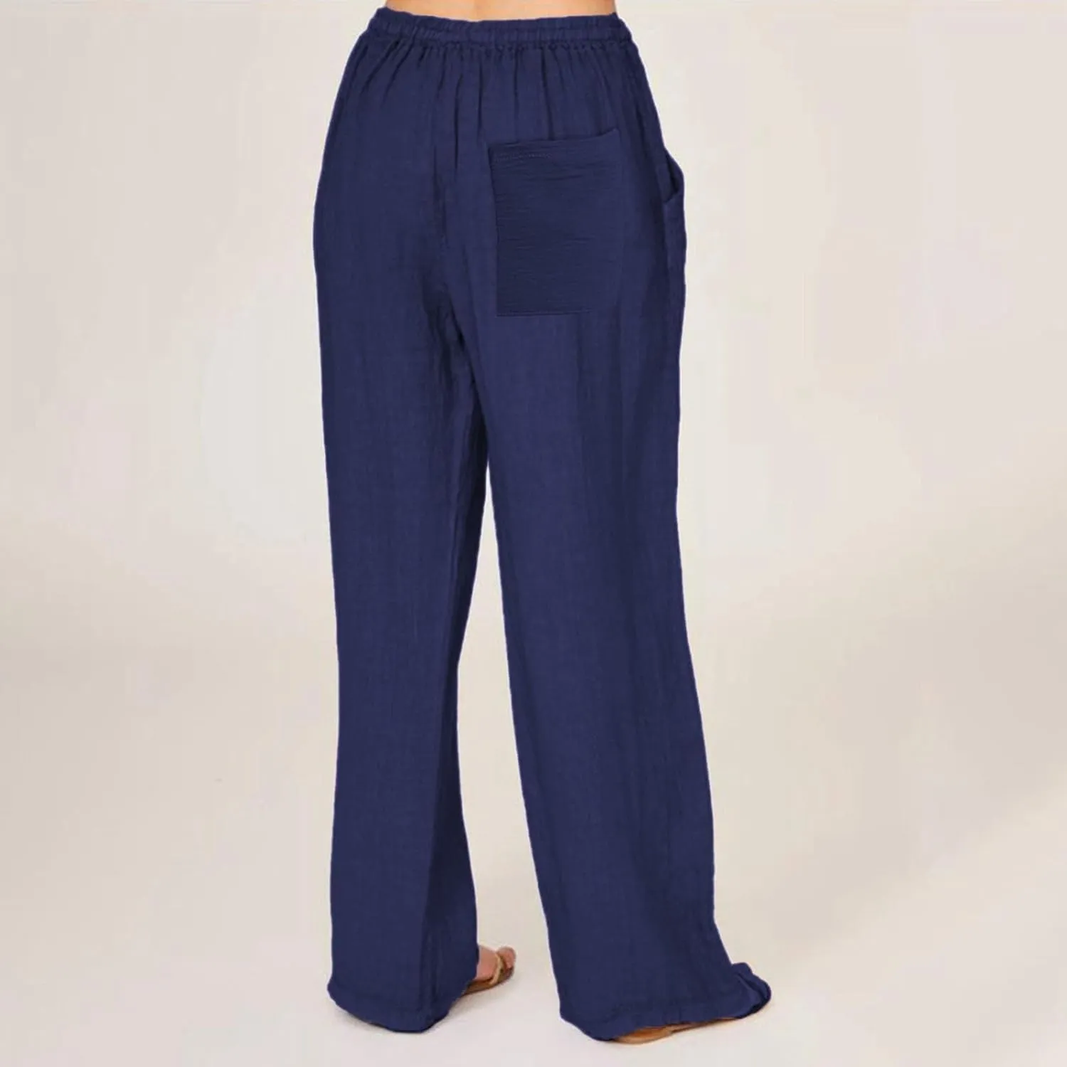 Women Summer Casual Drawstring Waist Cotton Linen Pants Wide Leg Flowy Beach Palazzo Slacks Soft Lightweight Trousers