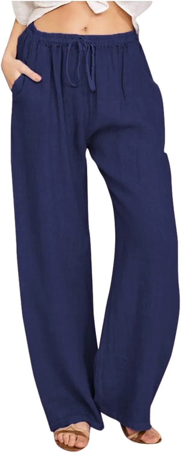 Women Summer Casual Drawstring Waist Cotton Linen Pants Wide Leg Flowy Beach Palazzo Slacks Soft Lightweight Trousers
