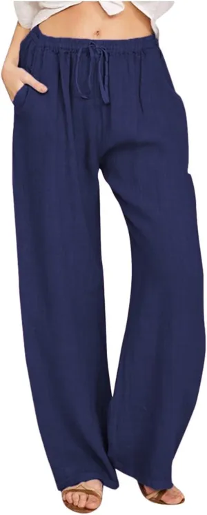 Women Summer Casual Drawstring Waist Cotton Linen Pants Wide Leg Flowy Beach Palazzo Slacks Soft Lightweight Trousers