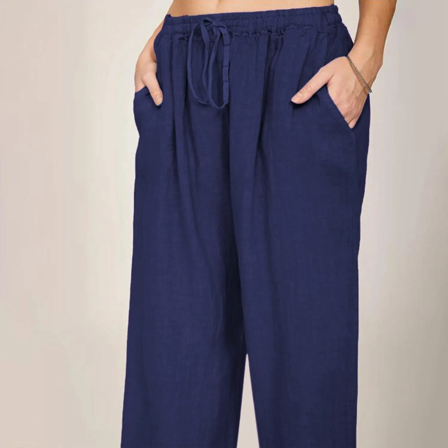 Women Summer Casual Drawstring Waist Cotton Linen Pants Wide Leg Flowy Beach Palazzo Slacks Soft Lightweight Trousers