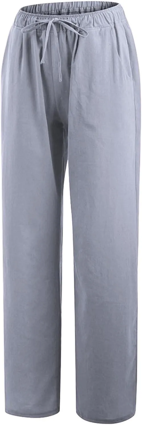 Women Summer Casual Drawstring Waist Cotton Linen Pants Wide Leg Flowy Beach Palazzo Slacks Soft Lightweight Trousers