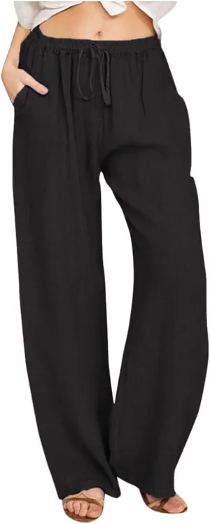 Women Summer Casual Drawstring Waist Cotton Linen Pants Wide Leg Flowy Beach Palazzo Slacks Soft Lightweight Trousers