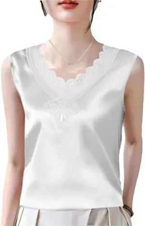 Women Summer Solid Color Lace V-Neck Printed Sleeveless Retro Loose T-Shirt Chiffon Pullover Tank Camisole Tops