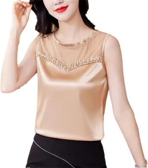 Women Summer Tank Tops Spring Summer Silk Satin Camisole Sleeveless Patchwork Beaded Diamond Vest Shirt