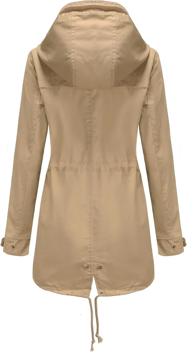 Women Trench Coat Windbreaker Zip Up Jacket With Pockets Casual Long Sleeve Outwear with Waist Drawstring