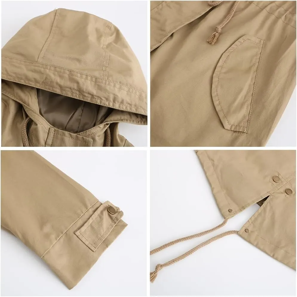 Women Trench Coat Windbreaker Zip Up Jacket With Pockets Casual Long Sleeve Outwear with Waist Drawstring