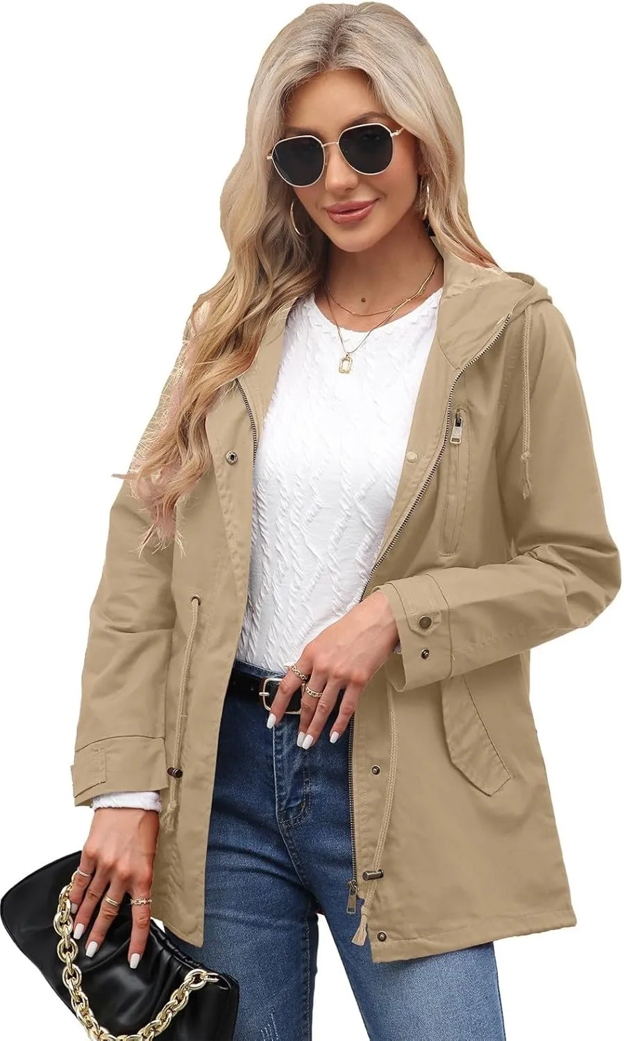 Women Trench Coat Windbreaker Zip Up Jacket With Pockets Casual Long Sleeve Outwear with Waist Drawstring