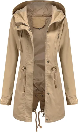 Women Trench Coat Windbreaker Zip Up Jacket With Pockets Casual Long Sleeve Outwear with Waist Drawstring