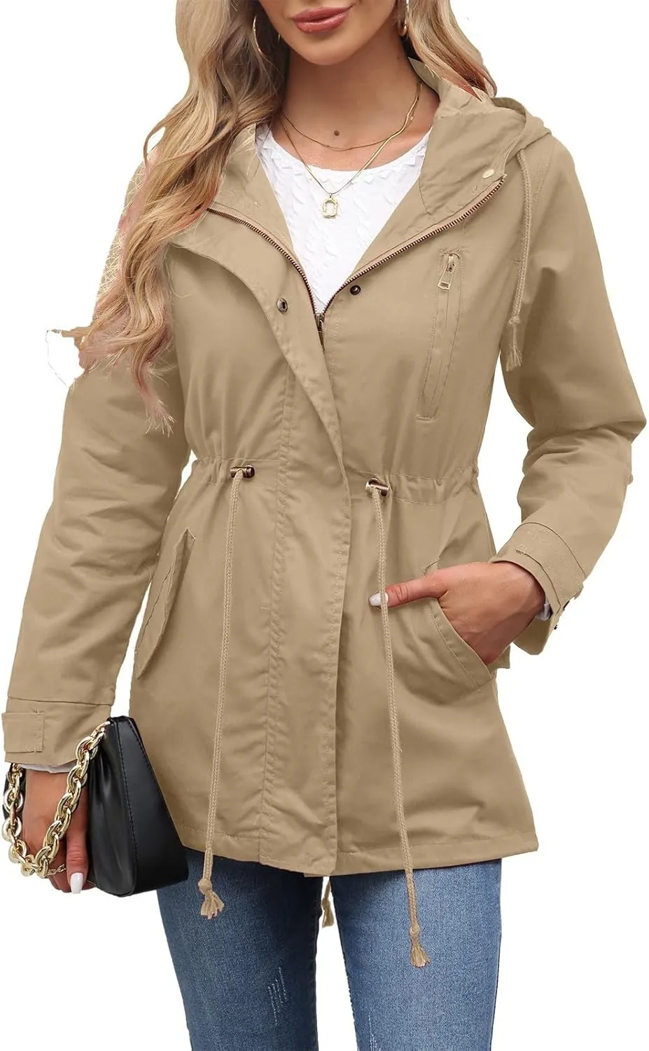 Women Trench Coat Windbreaker Zip Up Jacket With Pockets Casual Long Sleeve Outwear with Waist Drawstring