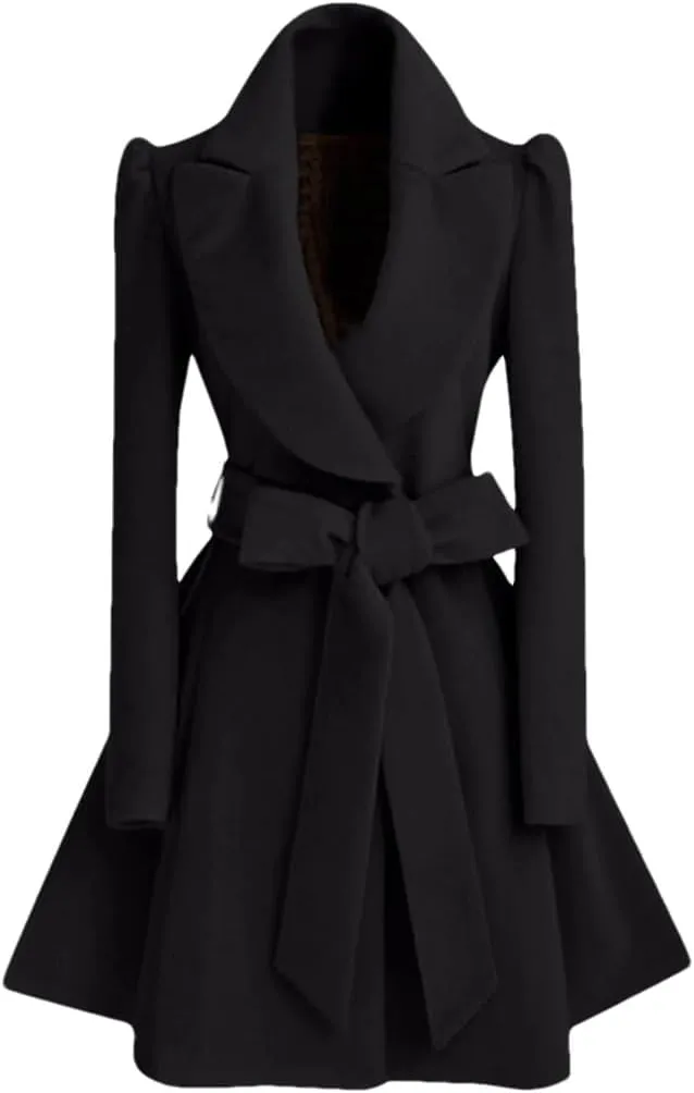 Women Turn Down Collar Midi Length Trench Double Breasted Pea Coat Winter Warm Jacket
