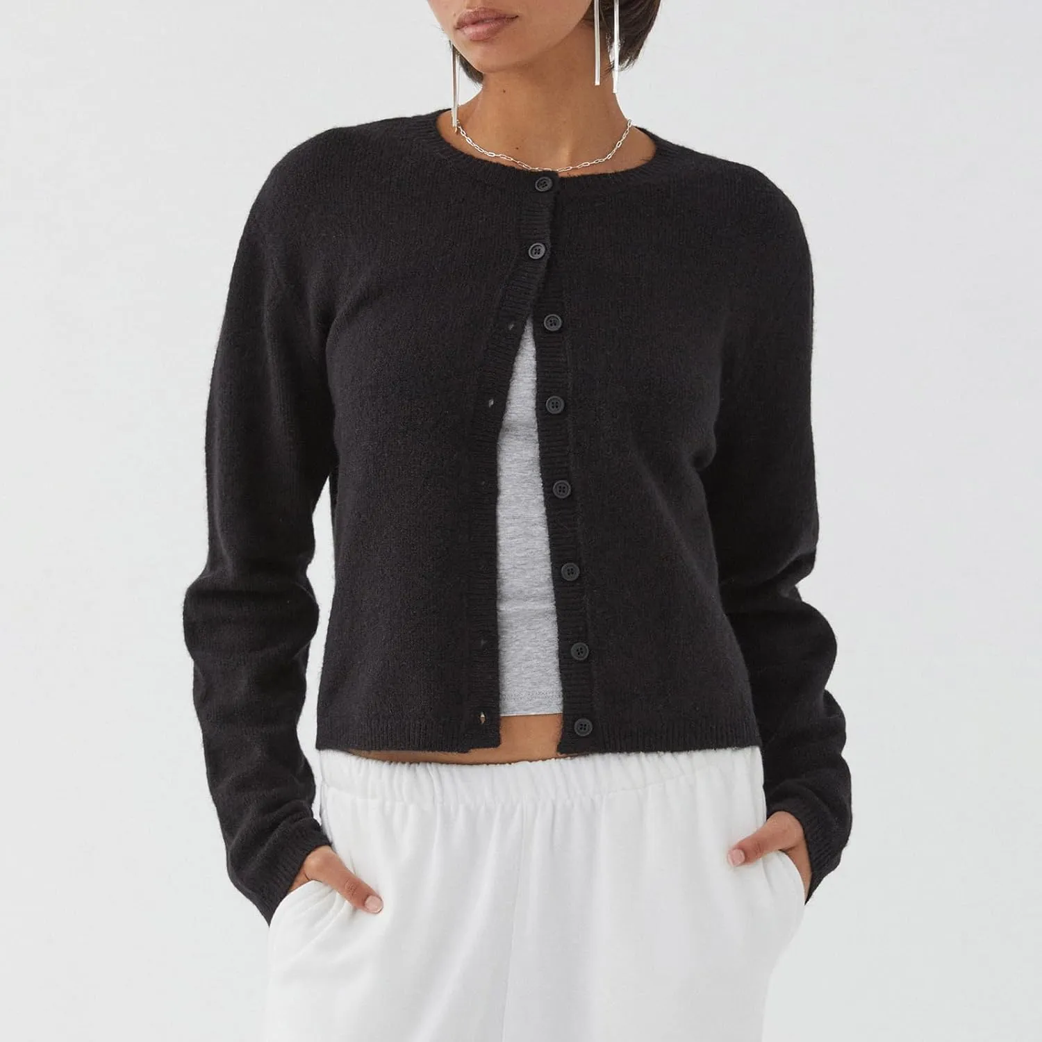 Women Y2k Crop Cardigan Long Sleeve Button Down Sweater Lightweight Solid Color Open Front Cute Knitted Tops