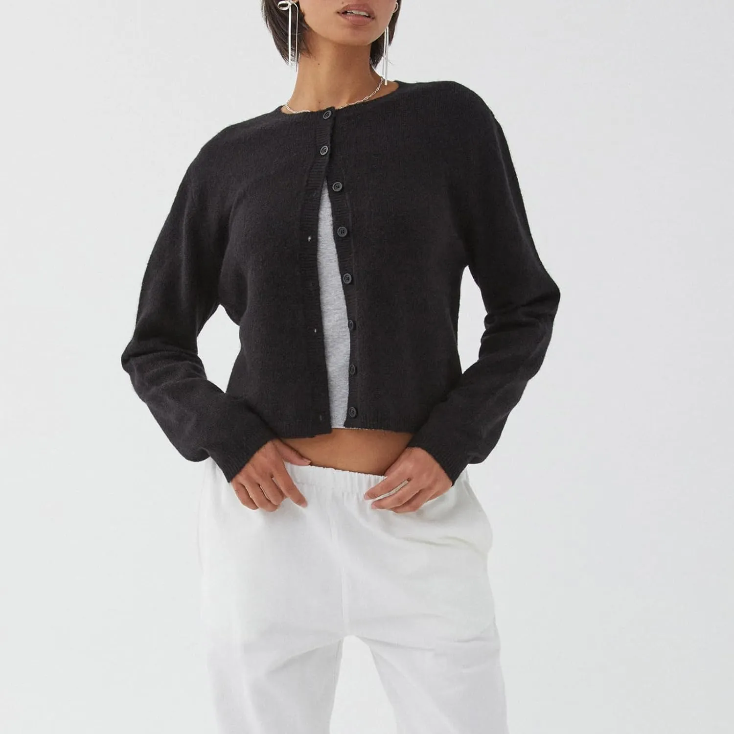 Women Y2k Crop Cardigan Long Sleeve Button Down Sweater Lightweight Solid Color Open Front Cute Knitted Tops