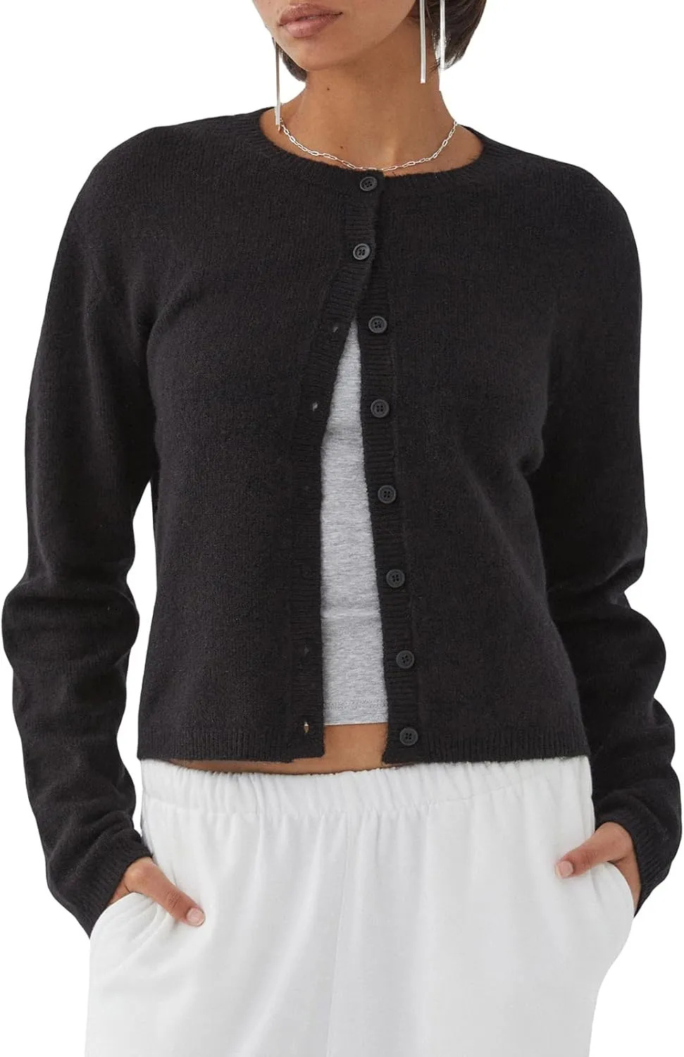Women Y2k Crop Cardigan Long Sleeve Button Down Sweater Lightweight Solid Color Open Front Cute Knitted Tops
